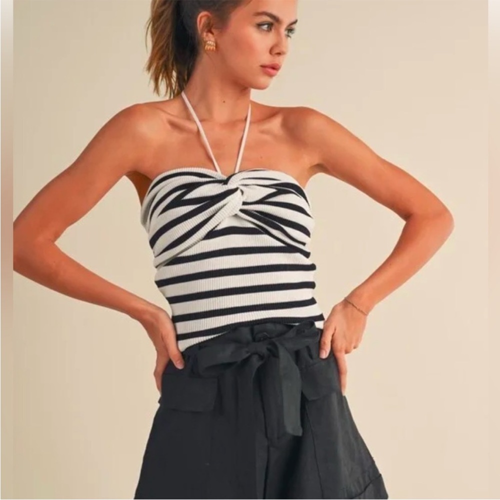MIOU MUSE Striped Knot Halter Top - Black and White